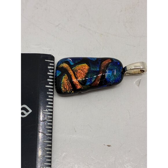 Dichroic Glass Pendant With Abstract Design In Blue & Orange Silver-Plated Bail - Picture 3 of 4